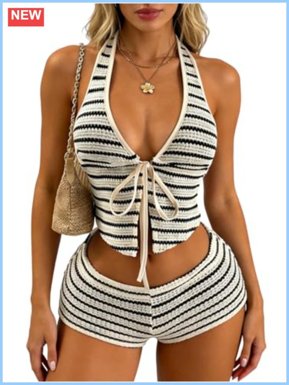 Striped Crochet 2 Piece Short Set Deep V-Neck Drawstring Casual